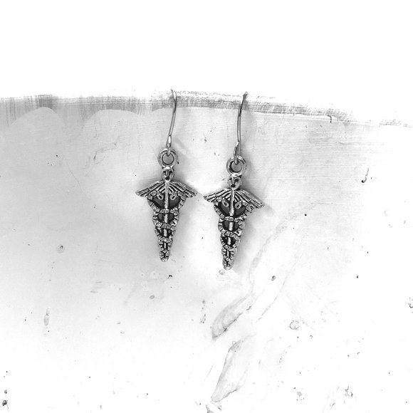 Miniature caduceus Symbol Nurse Doctor Gift Charm Earrings - Picture 2 of 2